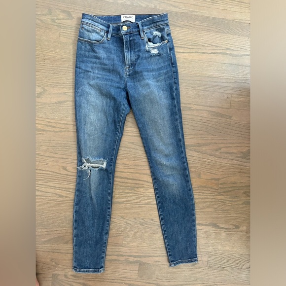 Frame Le High Skinny Jeans Women’s size 27 medium wash destructed denim - Picture 4 of 5
